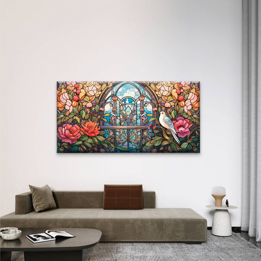 White Bird Floral Arch Wall Art Canvas Office Home Room Framed 80x45cm