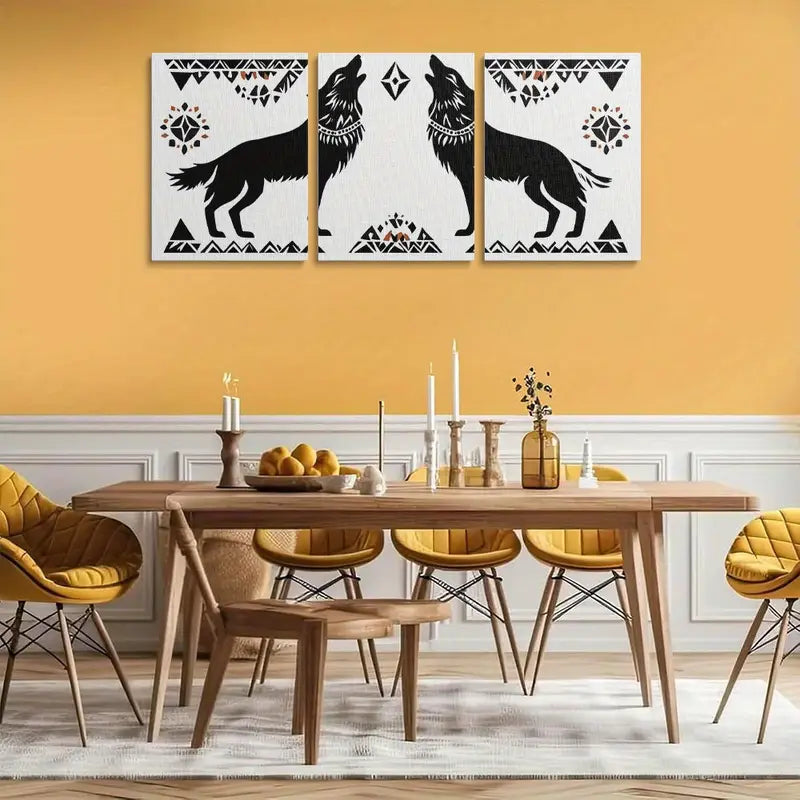 3pcs Howling Wolves Decor, Modern Black & White Geometric Metal Print Ready to Hang Art