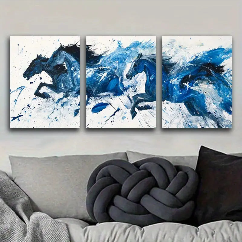 3pcs Blue Horses Running Abstract Metal Print Ready to Hang Art