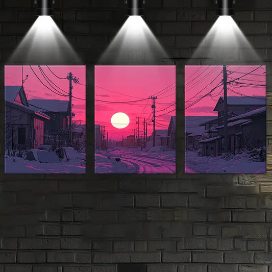 3pcs Snow-Covered Arctic Town Painting Classic Design Metal Print Ready to Hang Art
