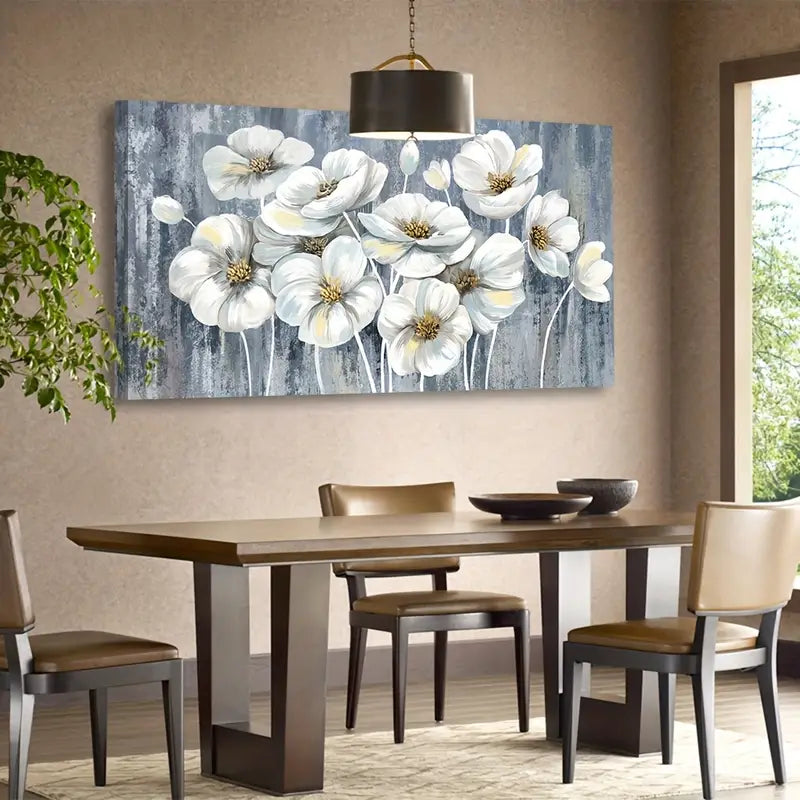 White and Yellow Flower Rustic Grey Blue Botanical Wall Art canvas office home room framed 120x60cm