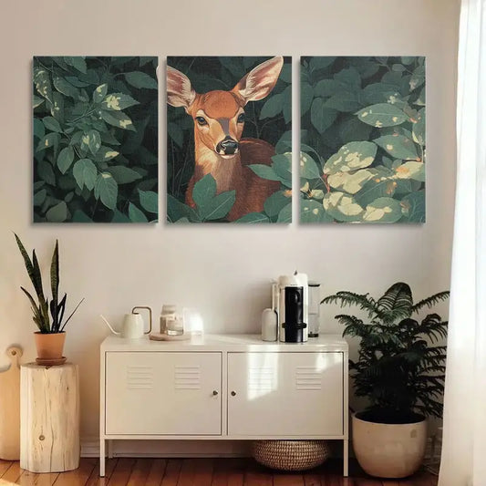3pcs Forest Deer Green Foliage & Butterflies Design Metal Print Ready to Hang Art