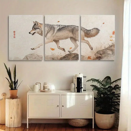 3pcs Gray Wolf with Rocks & Autumn Leaves Metal Print Ready to Hang Art