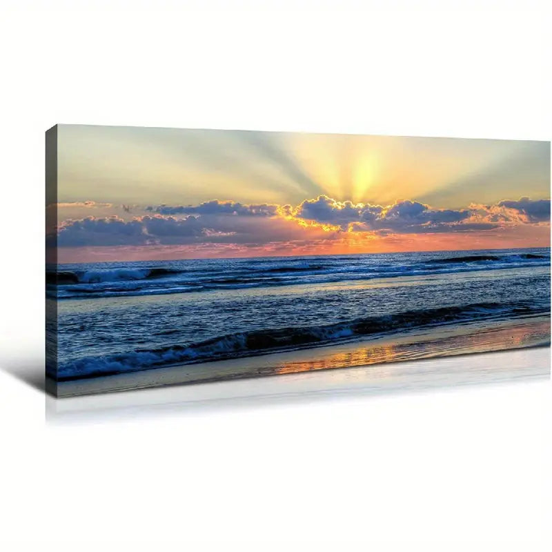 Beach Ocean Sunset Blue Waves Vibrant Orange & Yellow Hues Wall Art canvas office home room framed 120x60cm