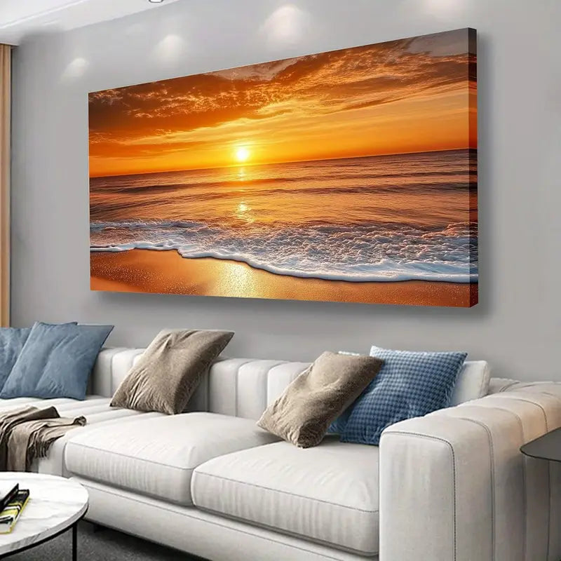 Beach Sunset Vibrant Coastal Wall Art canvas office home room framed 120x60cm