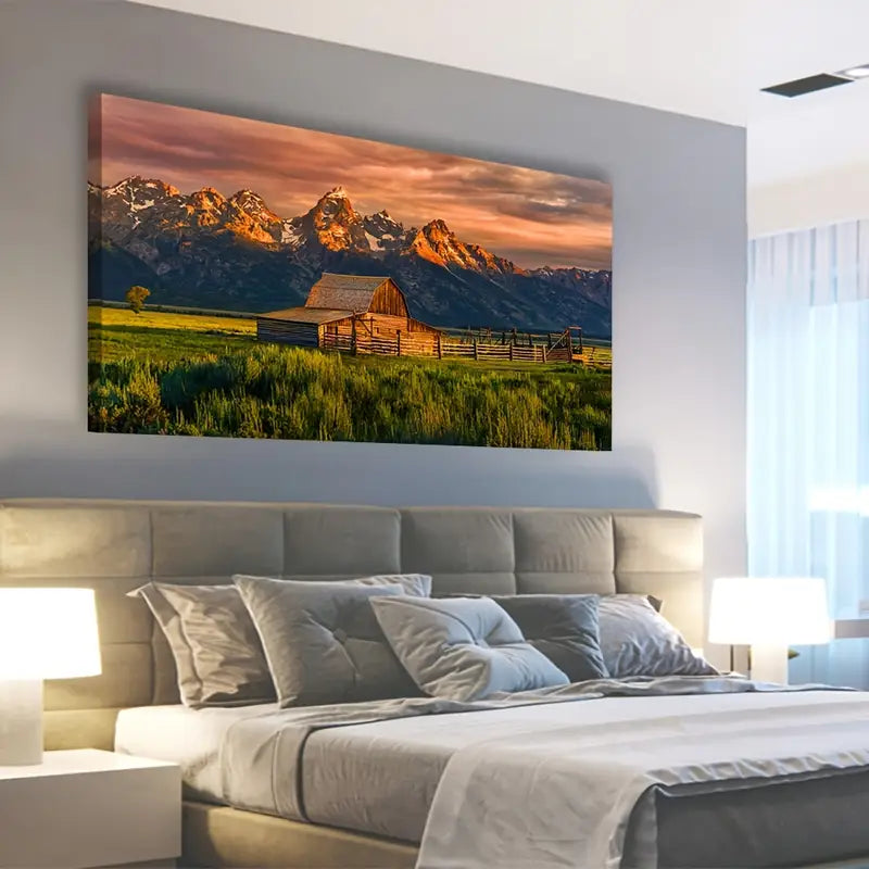 Grand Teton National Park Snow Capped Mountains Warm Sunset Hues Wall Art canvas office home room framed 120x60cm