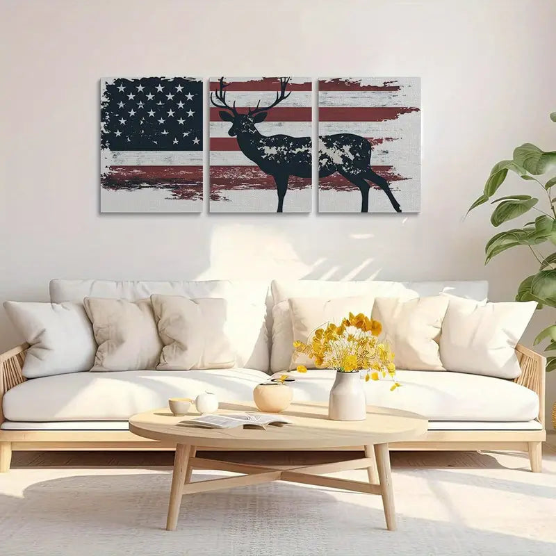 3pcs Deer with Vibrant American Flag Design Metal Print Ready to Hang Art