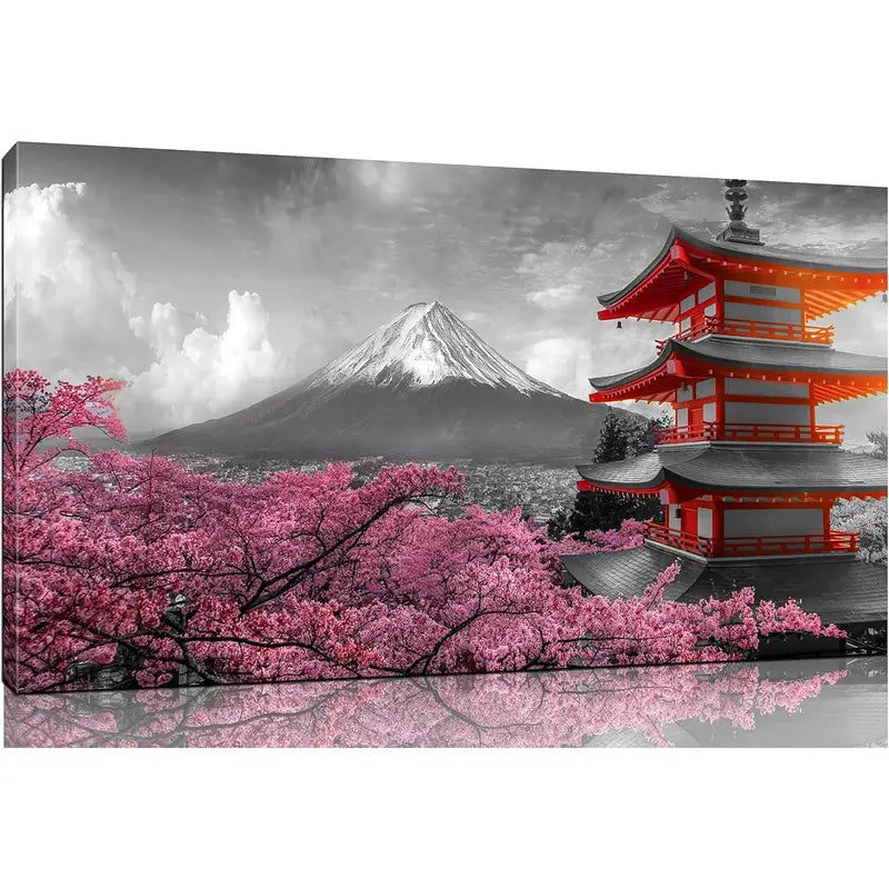 Pink Cherry Blossom & Mount Fuji Wall Art canvas office home room framed 120x60cm
