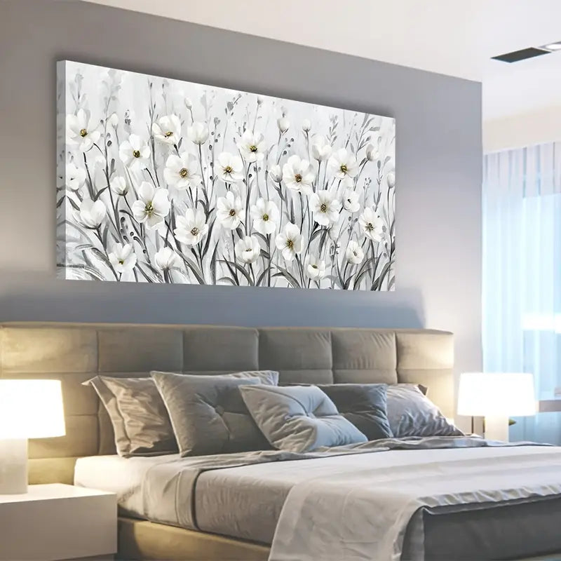 Grey White Wildflowers Botanical Elegant Floral Wall Art canvas office home room framed 80x45cm