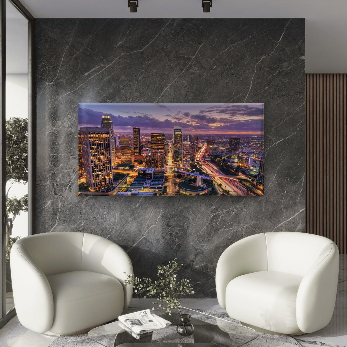 Aerial Shot Downtown Los Angele Wall Art Canvas Office Home Room Framed 120x60cm