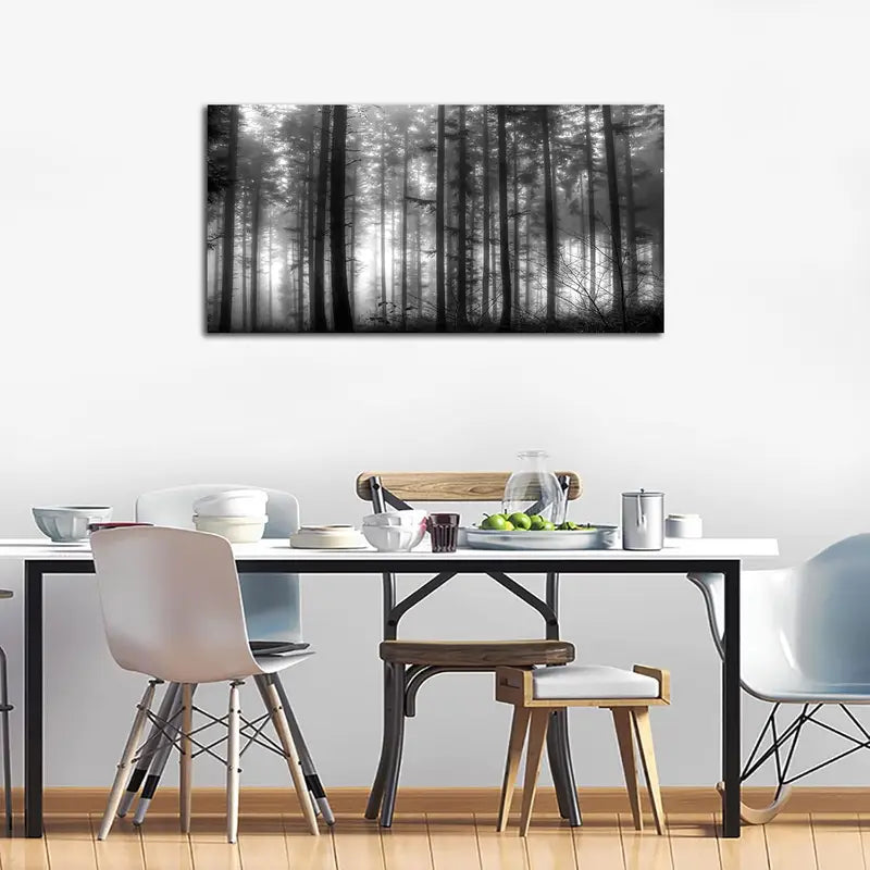 Black & White Foggy Forest Big Trees Nature Wall Art canvas office home room framed 120x60cm