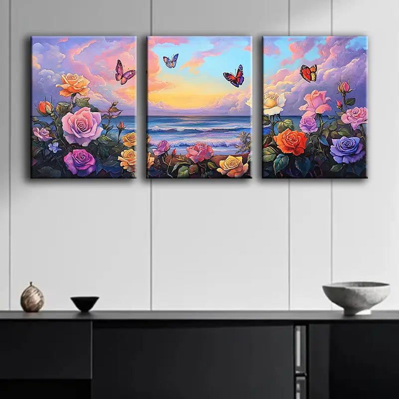 3pcs Roses and Butterflies on the Beach Scene Metal Print Ready to Hang Art