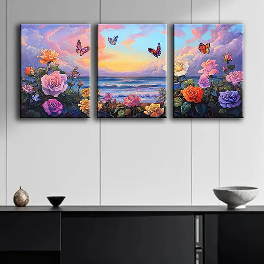 3pcs Roses and Butterflies on the Beach Scene Metal Print Ready to Hang Art