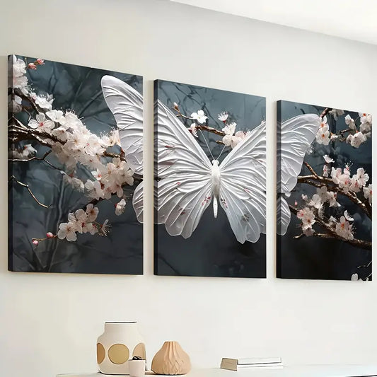 3pcs Modern Wind White Butterfly Flower Animal Wall Art Set Canvas Framed 40x60cm - High Quality Print 100% Australian Made Wall Canvas Ready to Hang