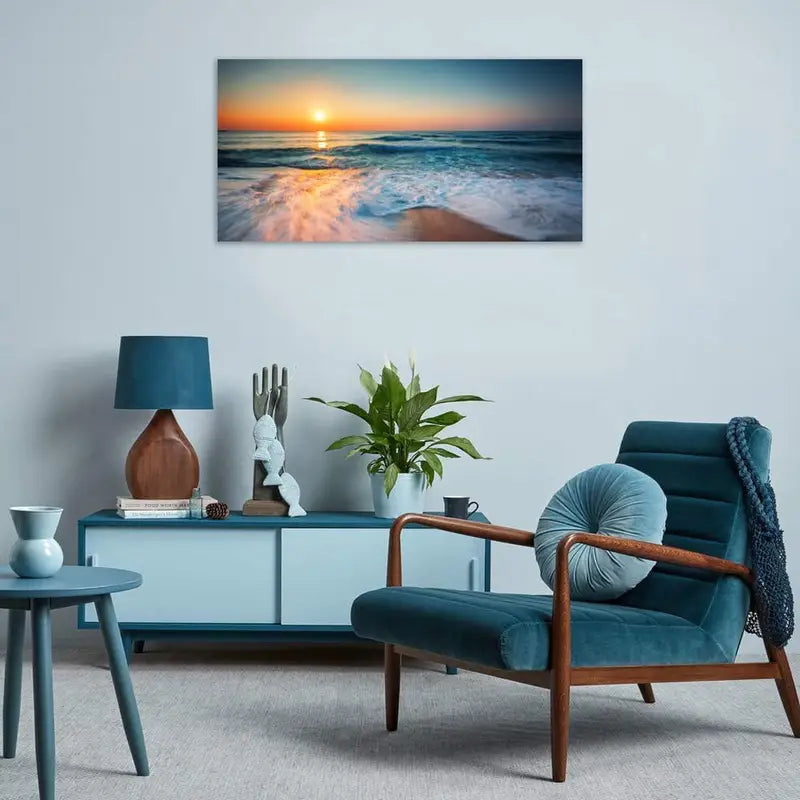 Blue Sea White Beach Sunrise Wall Art canvas office home room framed 120x60cm
