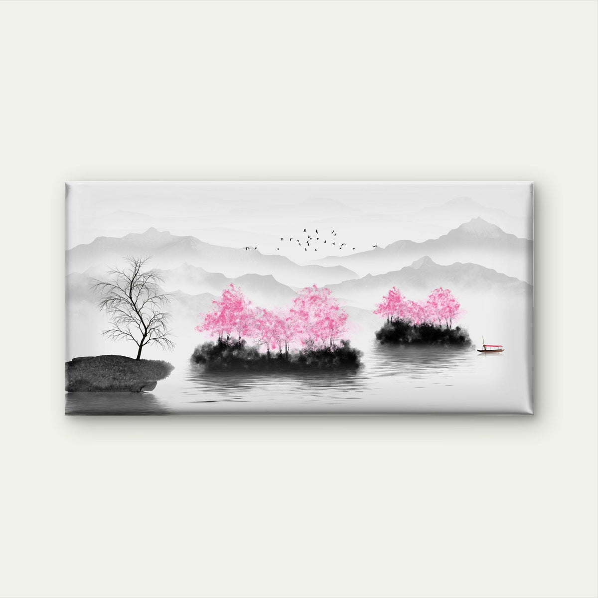 Serene Pink Blossom Landscape Wall Art Canvas Office Home Room Framed 80x45cm
