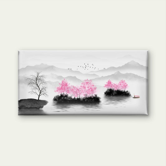 Serene Pink Blossom Landscape Wall Art Canvas Office Home Room Framed 80x45cm
