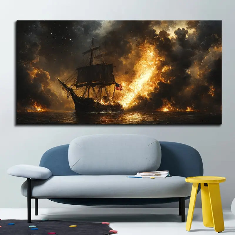 Burning Sailing Ship at Sea Wall Art wall canvas office home room framed 120x60cm