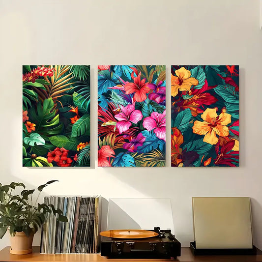 3pcs Featuring Bold Hibiscus and Exotic Leaves Design Metal Print Ready to Hang Art