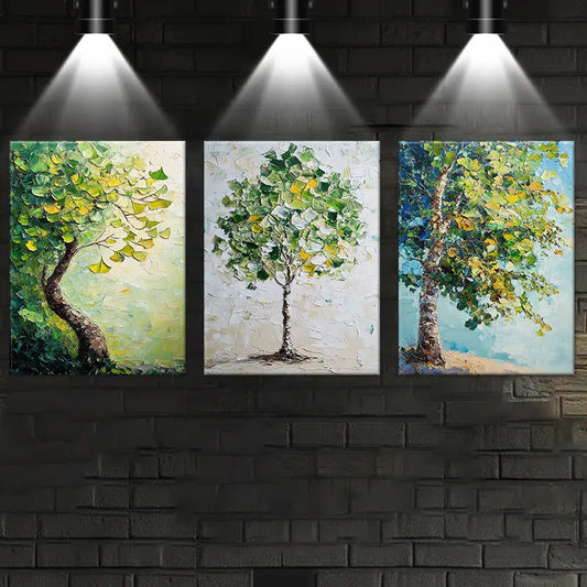 3pcs Vibrant Emerald Green & Golden Leaves Metal Print Ready to Hang Art