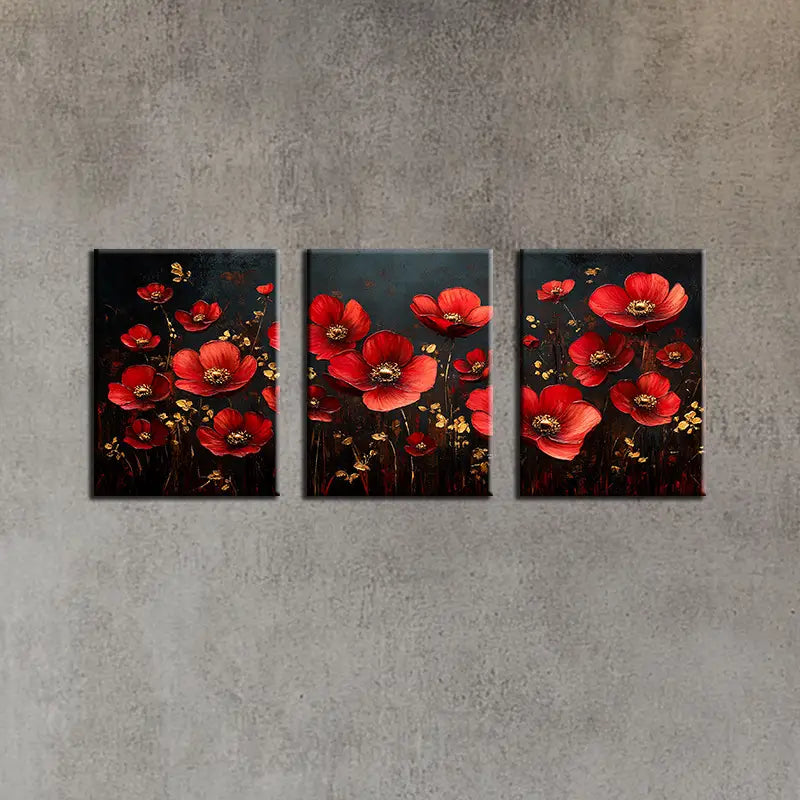 3pcs Romantic Flower Garden Design Red, Yellow Metal Print Ready to Hang Art