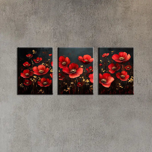 3pcs Romantic Flower Garden Design Red, Yellow Metal Print Ready to Hang Art