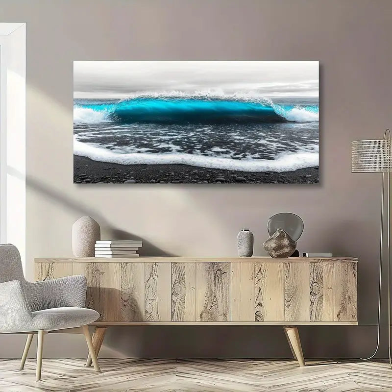 Modern Black and White Ocean Waves Seascape Blue Accents Wall Art canvas office home room framed 120x60cm