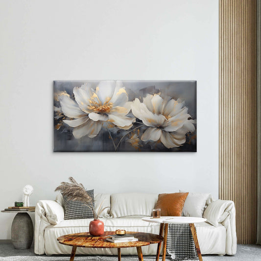 Modern Abstract White Peony Floral Wall Art Canvas Office Home Framed 80x45cm