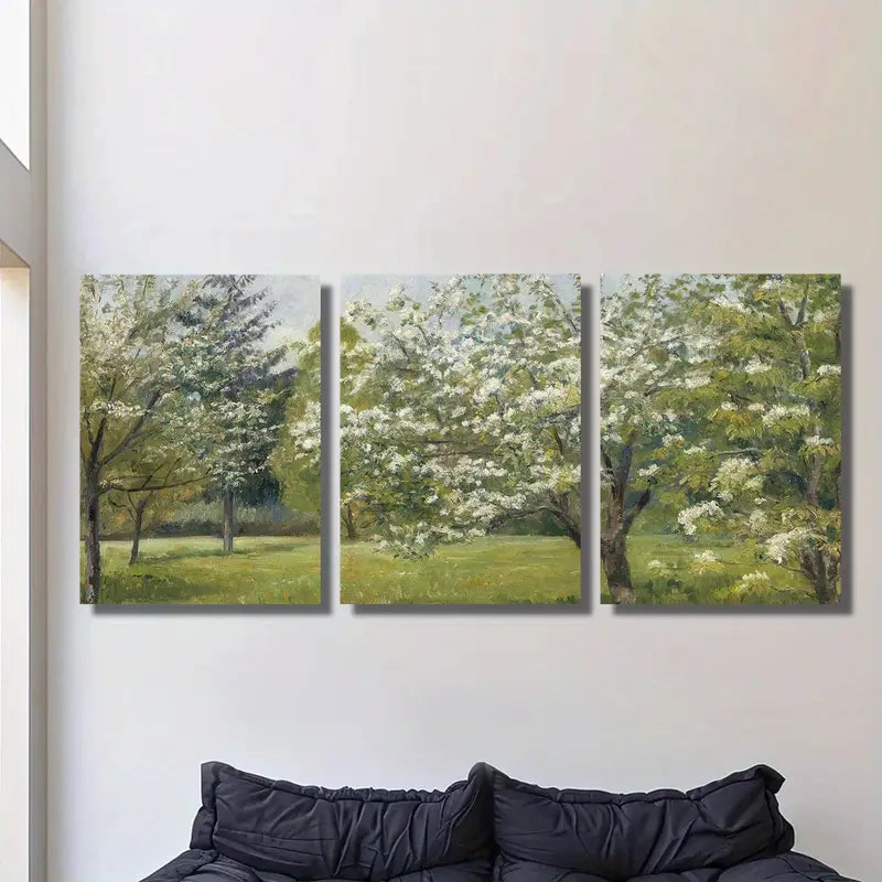 3pcs Vintage Spring Apple Blossom Landscape Wall Art Set Canvas Framed 40x60cm - High Quality Print 100% Australian Made Wall Canvas Ready to Hang