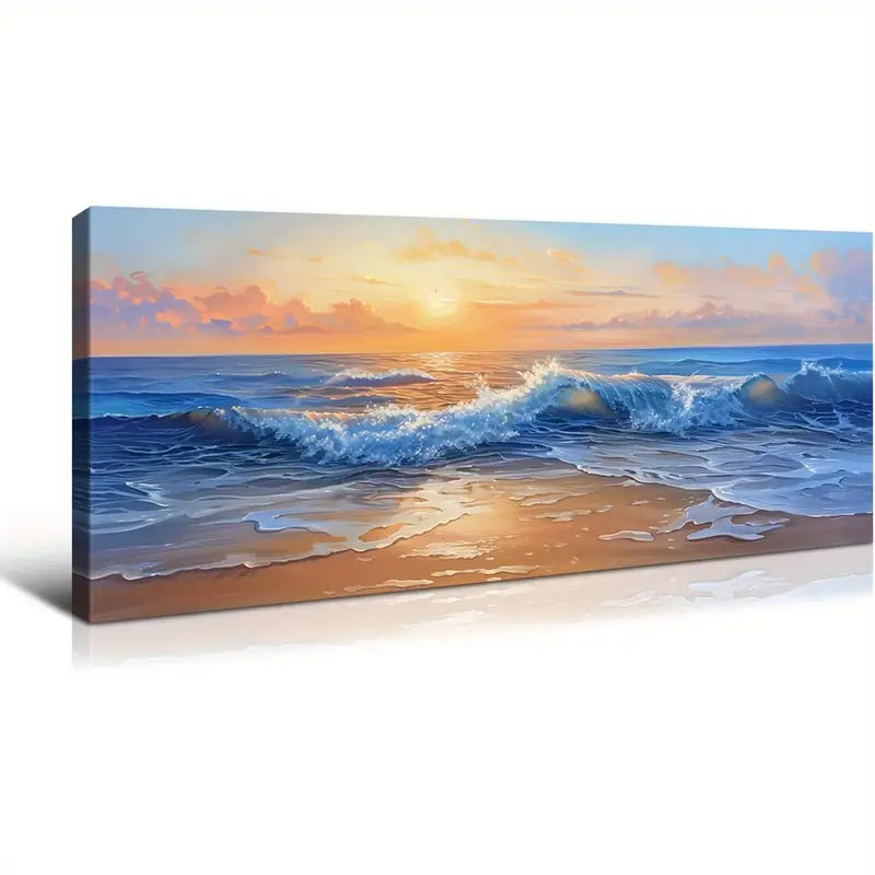 Vibrant Sunset Beach Waves Dynamic Ocean Wall Art canvas office home room framed 120x60cm