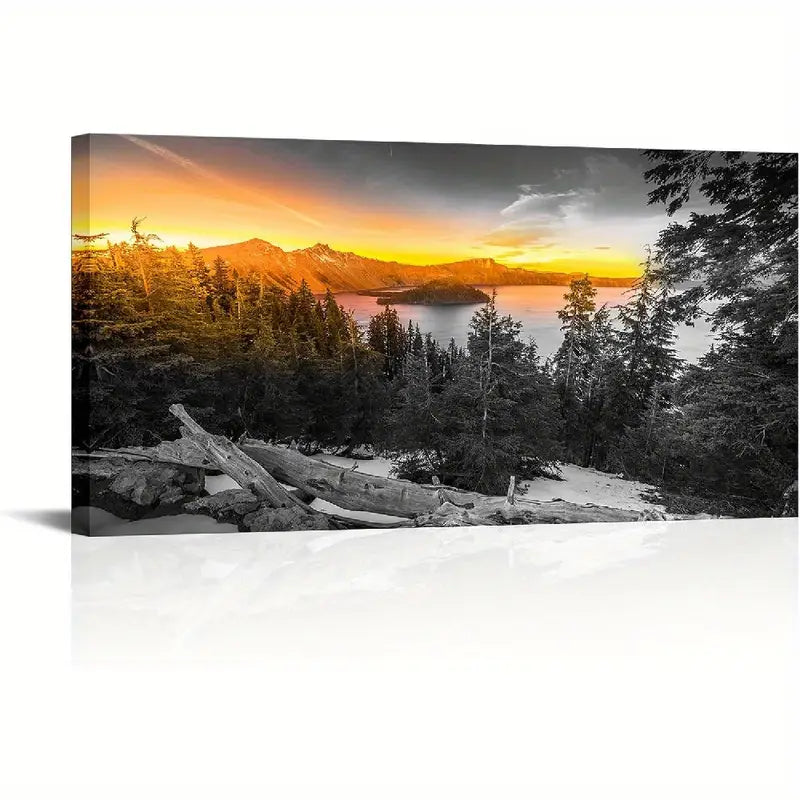 Volcanic Lake National Park Sunset Wall Art canvas office home room framed 80x45cm