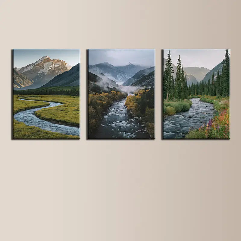 3pcs Tranquil Rivers And Majestic Mountains Oil Painting Metal Print Ready to Hang Art