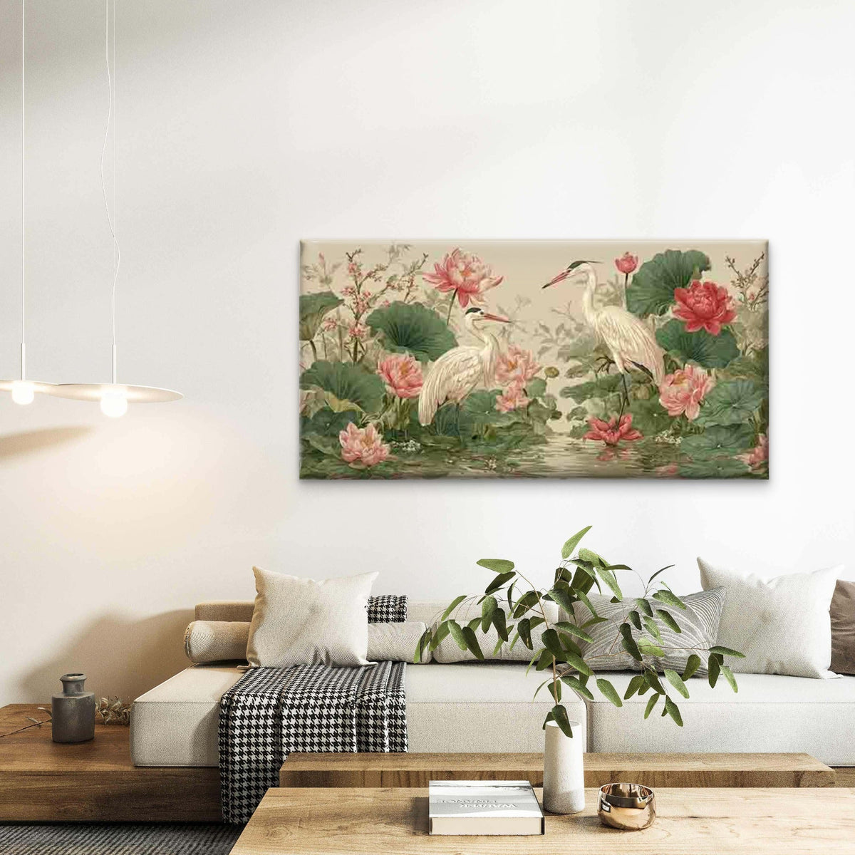 Two Herons Bird & for Lotus Wall Art Canvas Office Home Room Framed 120x60cm