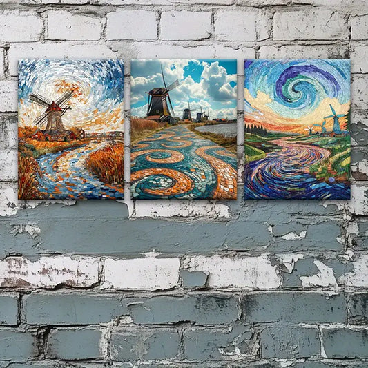 3pcs Magnificent Windmill Vibrant Swirling Patterns Metal Print Ready to Hang Art