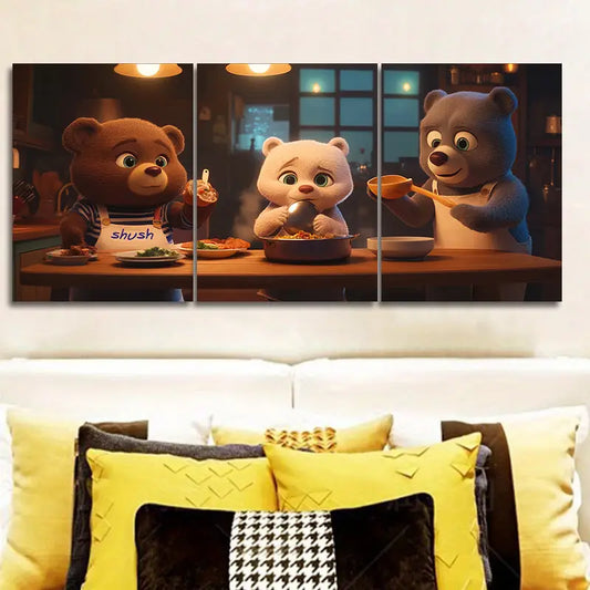 3pcs Bear Kitchen Scene Metal Print Ready to Hang Art