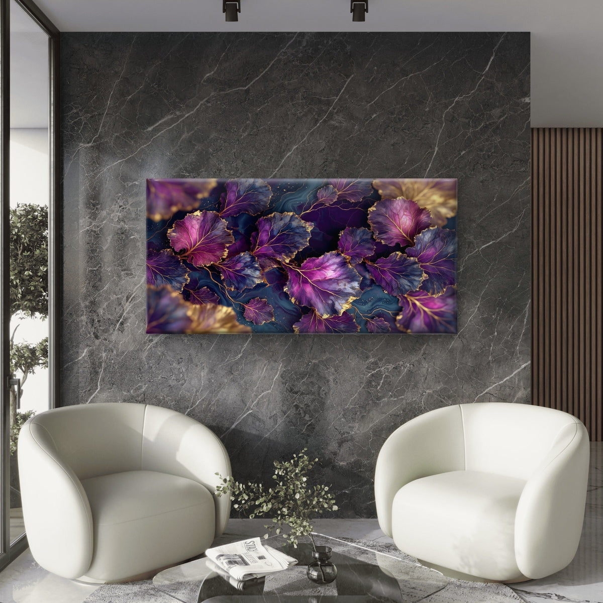 Purple Gold Foil Luxury Leaf Foliage Wall Art Canvas Office Home Framed 80x45cm
