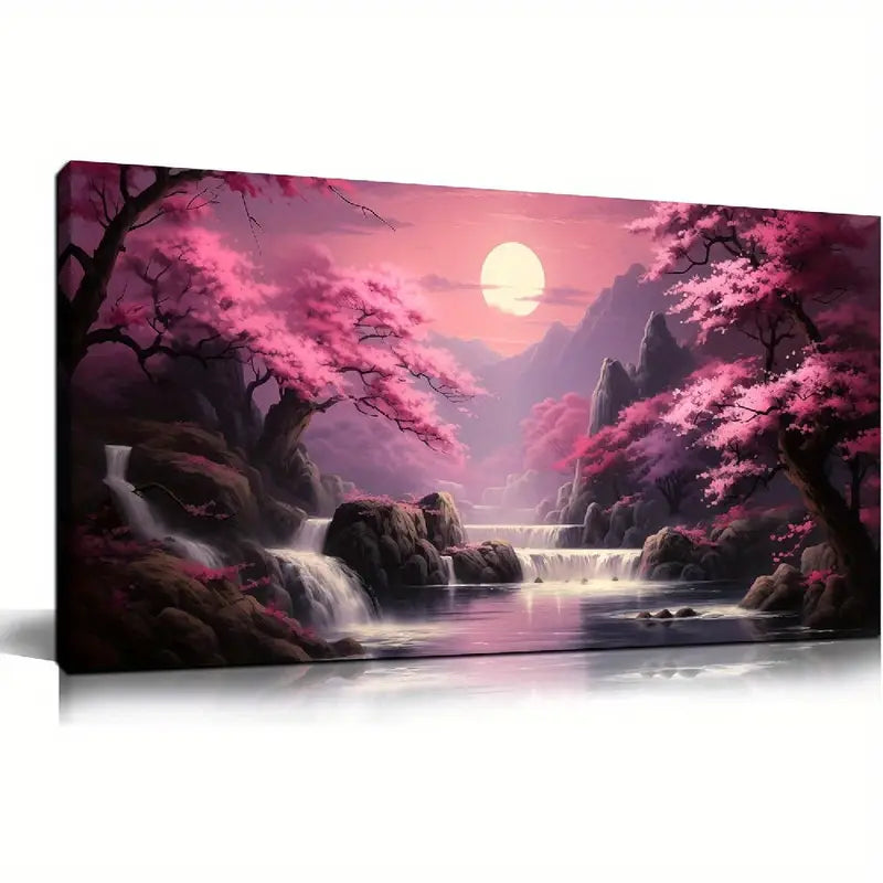 Pink Moon Lake Mountain Wall Art canvas office home room framed 120x60cm