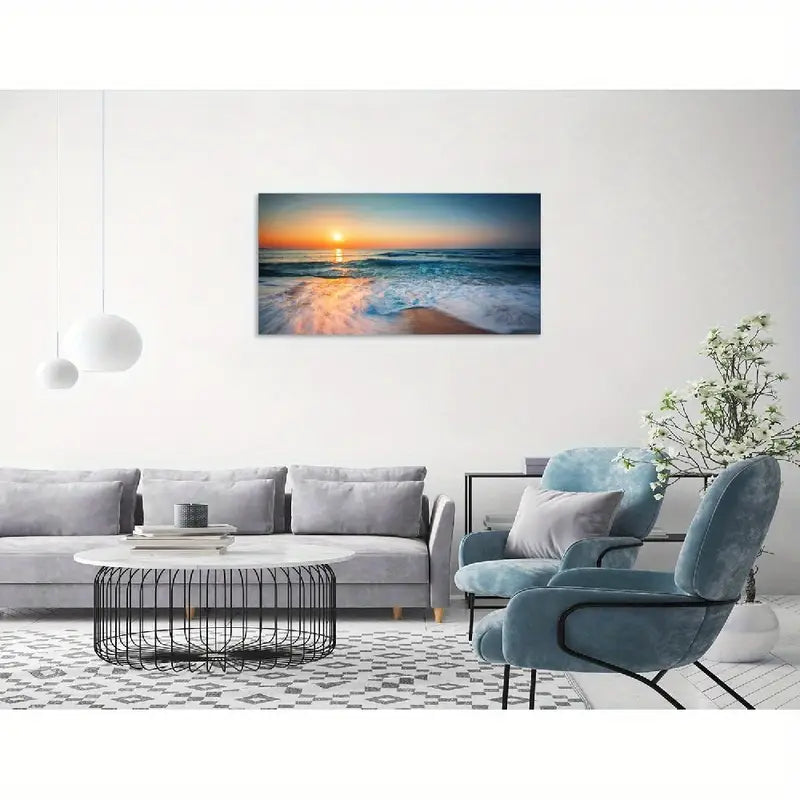 Blue Sea White Beach Sunrise Wall Art canvas office home room framed 120x60cm