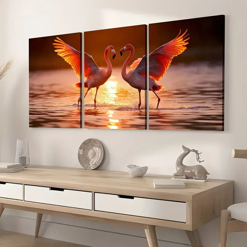 3pcs Flamingos Animal Sunrise Scenic Art Wall Art Set Canvas Framed 40x60cm - High Quality Print 100% Australian Made Wall Canvas Ready to Hang