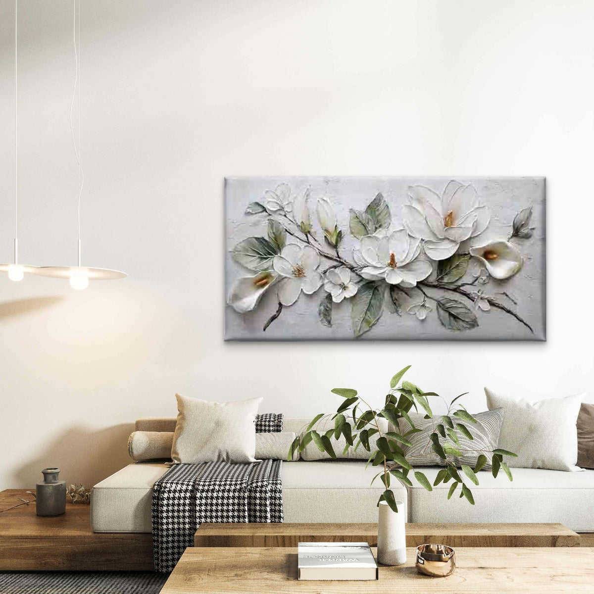 Abstract Design of White Flower Wall Art Canvas Office Home Room Framed 80x45cm