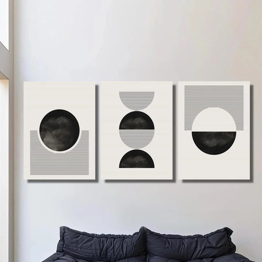 3pcs Black and White Geometric Circle & Line Metal Print Ready to Hang Art