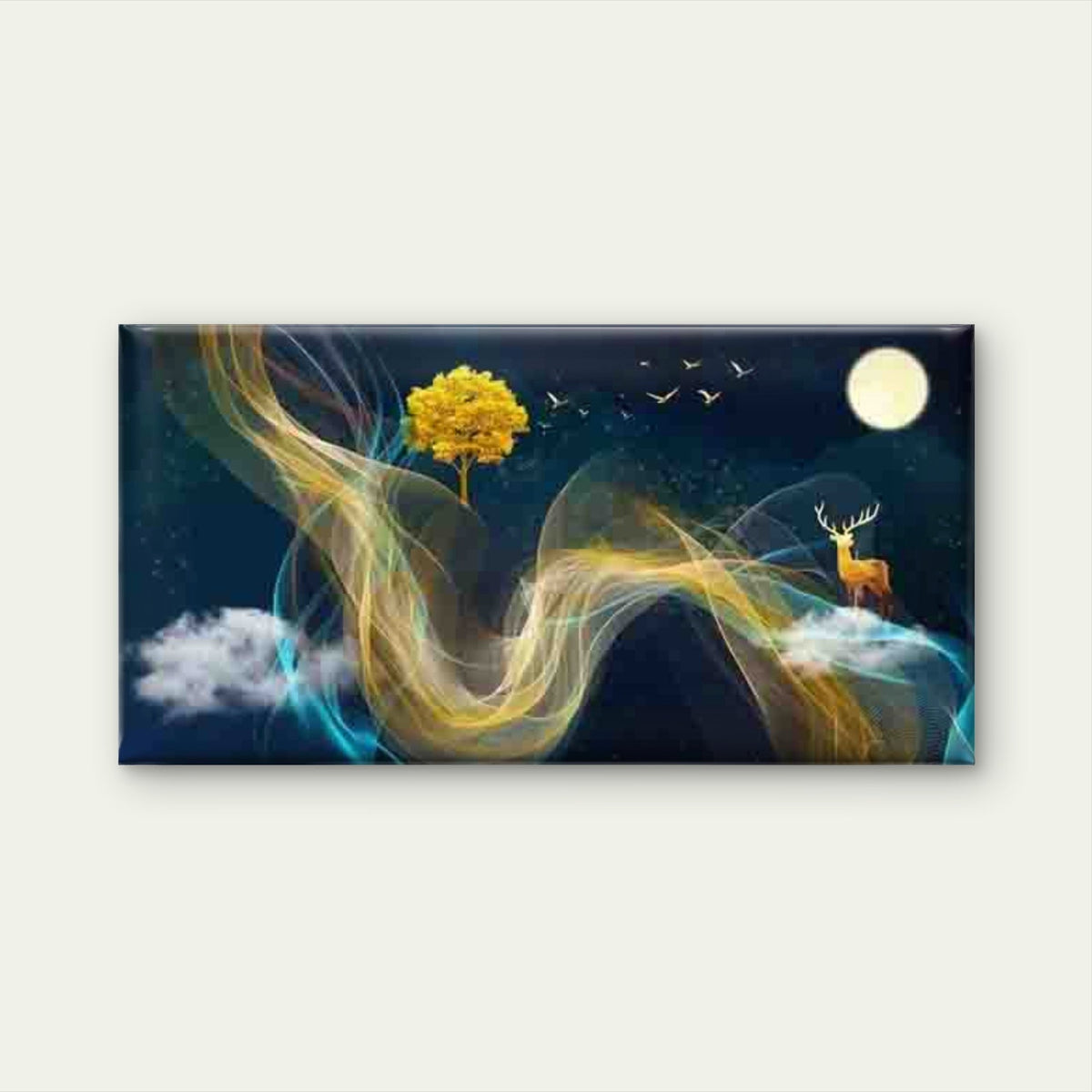 Night Sky Deer Tree Wall Art Canvas Office Home Room Framed 80x45cm