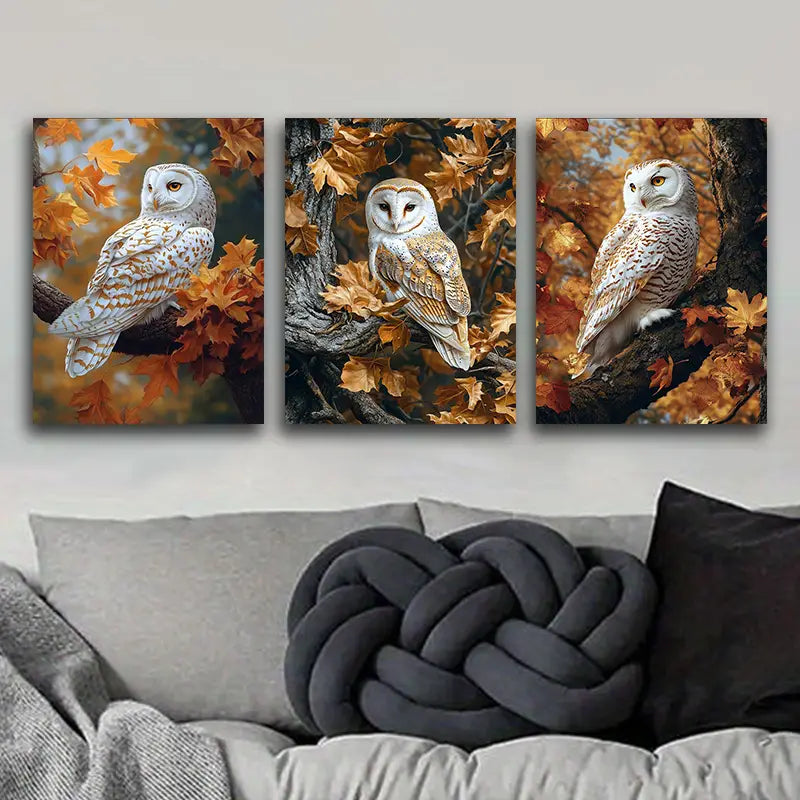 3pcs Owl on Oak Tree Metal Print Ready to Hang Art