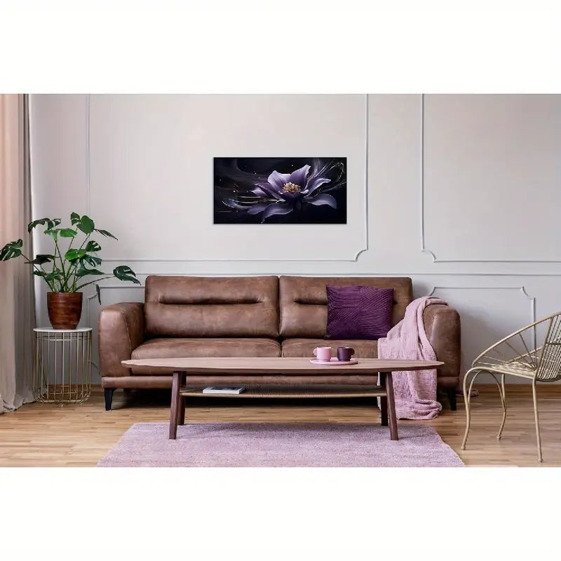 Purple Floral Black Swirls & Golden Accents Wall Art canvas office home room framed 120x60cm
