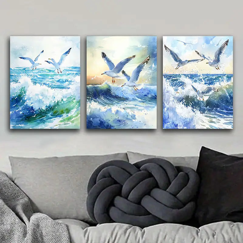3pcs Seagulls fly over the waves Metal Print Ready to Hang Art