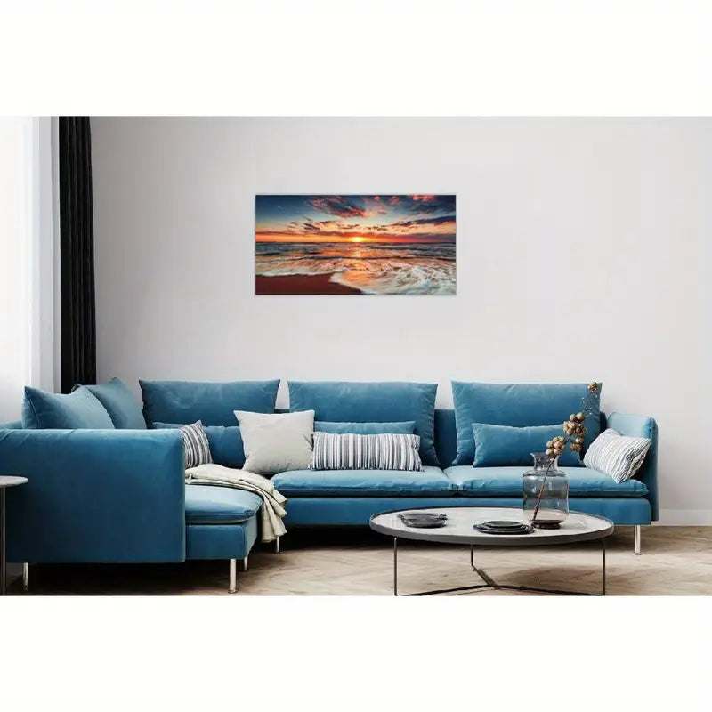 Blue Sea Beach Sunrise Ocean Waves Wall Art canvas office home room framed 120x60cm