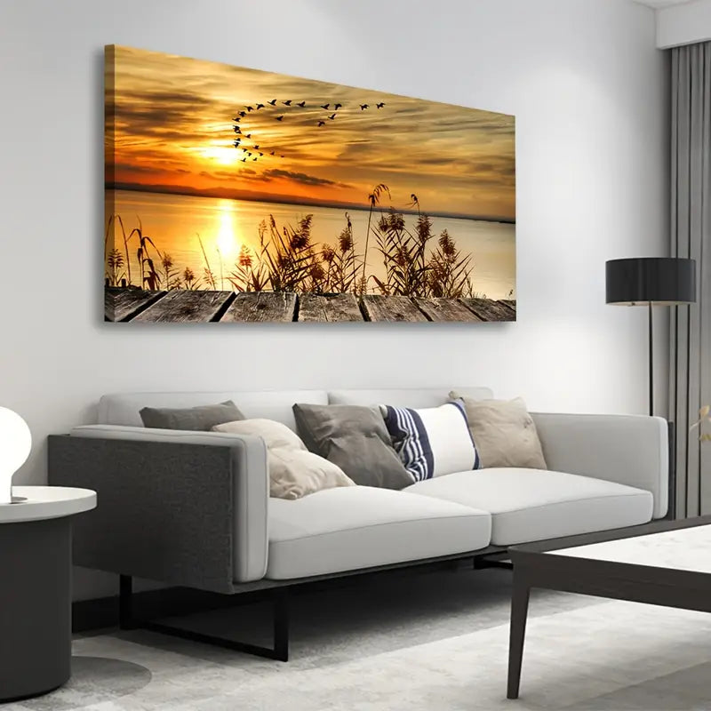 Sunset Lake Vibrant Nature Scene Wall Art canvas office home room framed 120x60cm