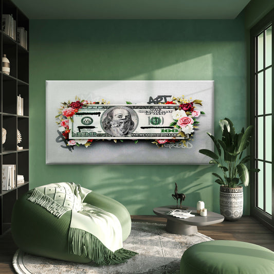 Floral One Hundred Dollar Bill Wall Art Canvas Office Home Room Framed 80x45cm