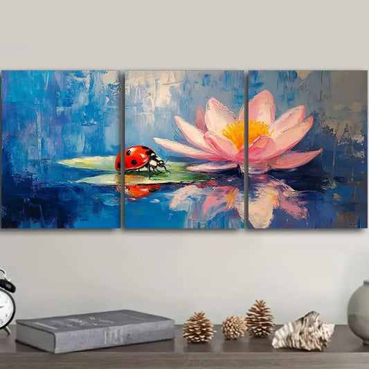 3pcs Ladybug & Water Lily Painting Metal Print Ready to Hang Art