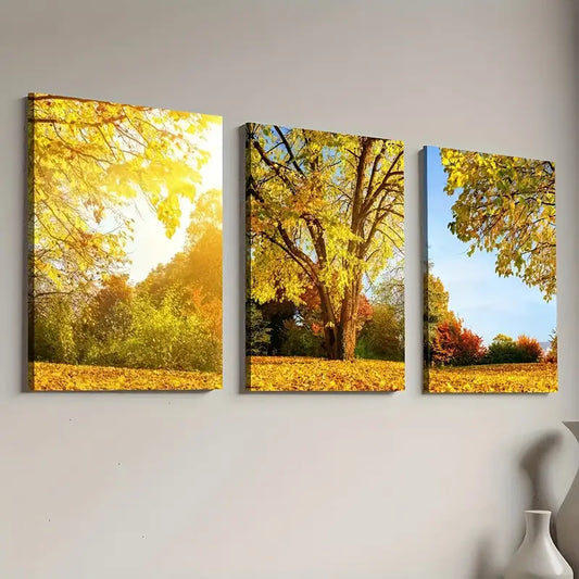 3pcs Modern Late Autumn Landscape Forest Leaves Wall Art Set Canvas Framed 40x60cm - High Quality Print 100% Australian Made Wall Canvas Ready to Hang